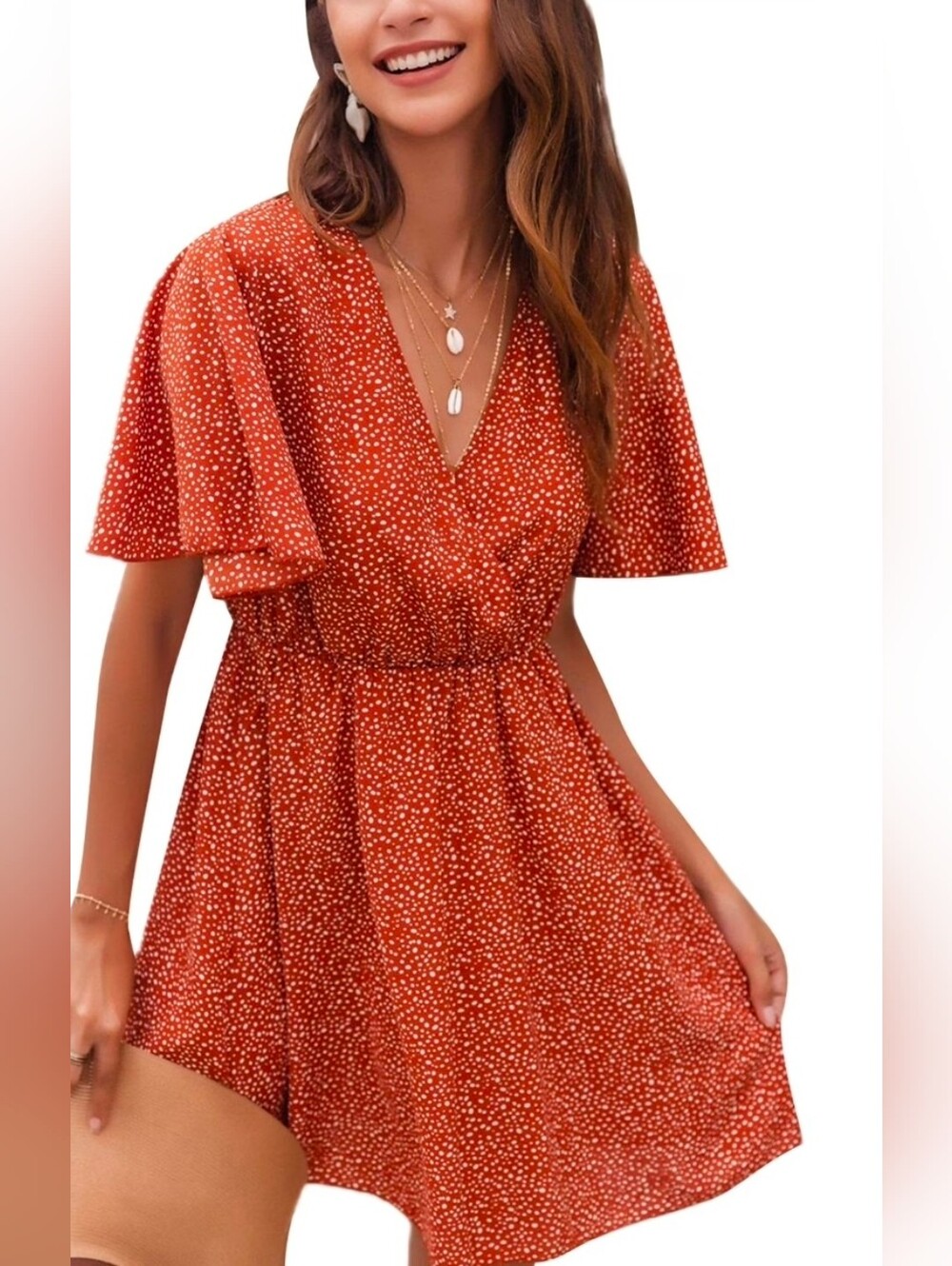 SHEIN Rust Orange V-Neck Midi Dress with White Dot Print